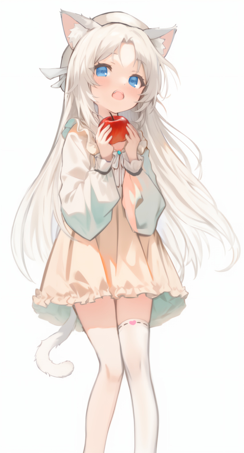 1girl animal_ear_fluff animal_ears apple beret blue_eyes cat_ears cat_girl cat_tail commentary_request dress food fruit hat highres holding holding_food holding_fruit long_hair long_sleeves looking_at_viewer open_mouth original single_thighhigh solo standing tail teeth thigh-highs upper_teeth_only wangyq white_dress white_hair white_hat white_thighhighs