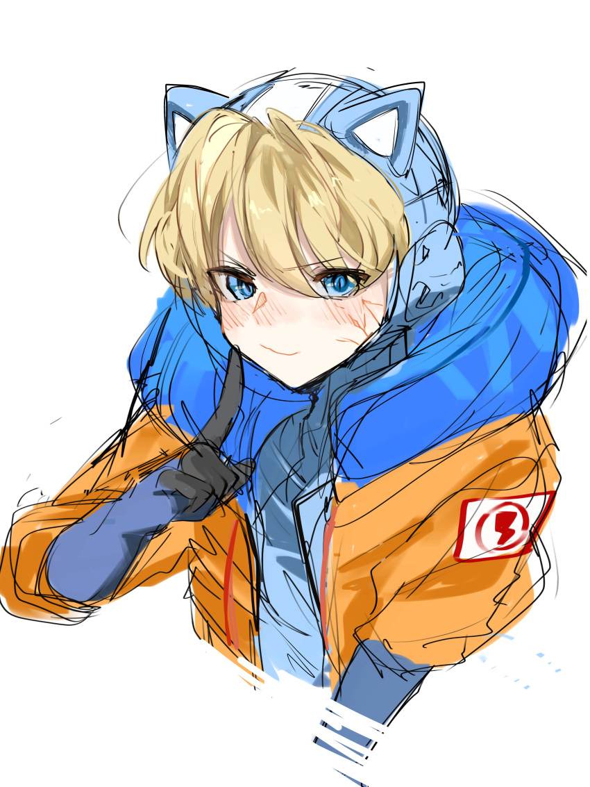 1girl absurdres animal_ears animification apex_legends blue_gloves blush bodysuit cat_ears gloves highres hood hood_down hood_up hooded_bodysuit hooded_jacket jacket orange_jacket pointing pointing_at_self simple_background sketch smile solo tomitacchi upper_body v-shaped_eyebrows wattson_(apex_legends) white_background white_bodysuit