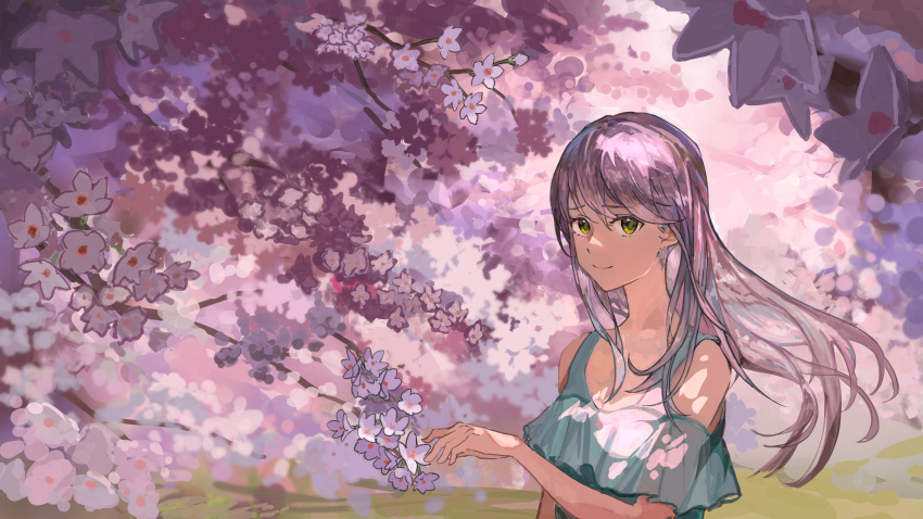 1girl absurdres cherry_blossoms closed_mouth clothing_cutout floating_hair flower frilled_shirt frills hand_up highres kasumi_yuzuha looking_at_viewer original outdoors pink_hair shirt short_sleeves shoulder_cutout smile solo tree white_shirt yellow_eyes