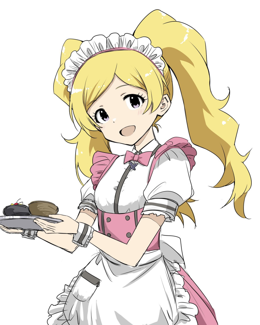 1girl anmitsu_(dessert) apron blonde_hair blush bow bowtie breasts collar cowboy_shot dessert dot_nose dress emily_stewart eyelashes fluffy_hair food frilled_apron frilled_dress frilled_shirt frills highres holding holding_plate idolmaster idolmaster_million_live! idolmaster_million_live!_theater_days lace-trimmed_shirt lace_trim looking_at_viewer matcha_kingyo official_alternate_costume open_mouth parted_bangs pink_bow pink_bowtie plate pocket shirt simple_background small_breasts smile solo twintails waitress white_apron white_background white_collar