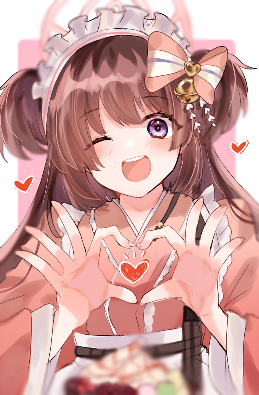 1girl :d apron bell blue_archive blurry blurry_background blurry_foreground bow brooch brown_hair commentary_request eyes_visible_through_hair frilled_apron frilled_hairband frills hair_bell hair_bow hair_ornament hair_ornament_request hairband halo harness heart heart_brooch heart_hands highres japanese_clothes jewelry jingle_bell kimono long_hair looking_at_viewer maid_headdress moe_moe_kyun! one_eye_closed open_mouth pink_bow pink_hair pink_halo pink_kimono shizuko_(blue_archive) smile solo tosiosito two_side_up violet_eyes white_apron white_hairband