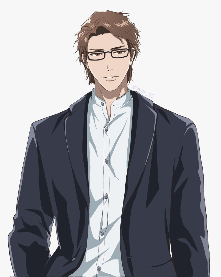 1boy aizen_sousuke alternate_costume arms_at_sides black-framed_eyewear black_jacket bleach brown_eyes brown_hair commentary contemporary dress_shirt english_commentary glasses highres jacket kas0n3ri lips long_sleeves looking_at_viewer male_focus mature_male open_clothes open_jacket parted_lips shirt short_hair simple_background solo tsurime twitter_username upper_body white_background white_shirt