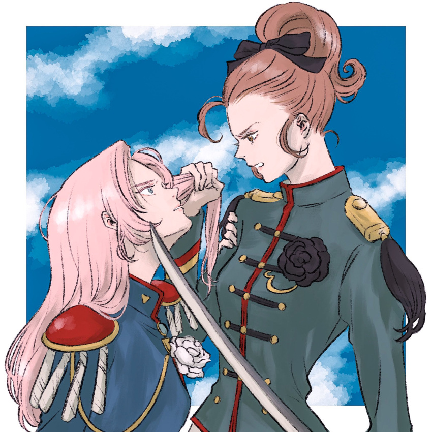 2girls aiguillette blue_background border brown_hair clenched_teeth clouds cloudy_sky epaulettes grabbing_another's_hair high_ponytail highres holding holding_another's_hair holding_sword holding_weapon katana long_hair looking_at_another multiple_girls outside_border pink_hair scene_reference shinohara_wakaba shoujo_kakumei_utena sky sword teeth tenjou_utena tronc uniform weapon white_border