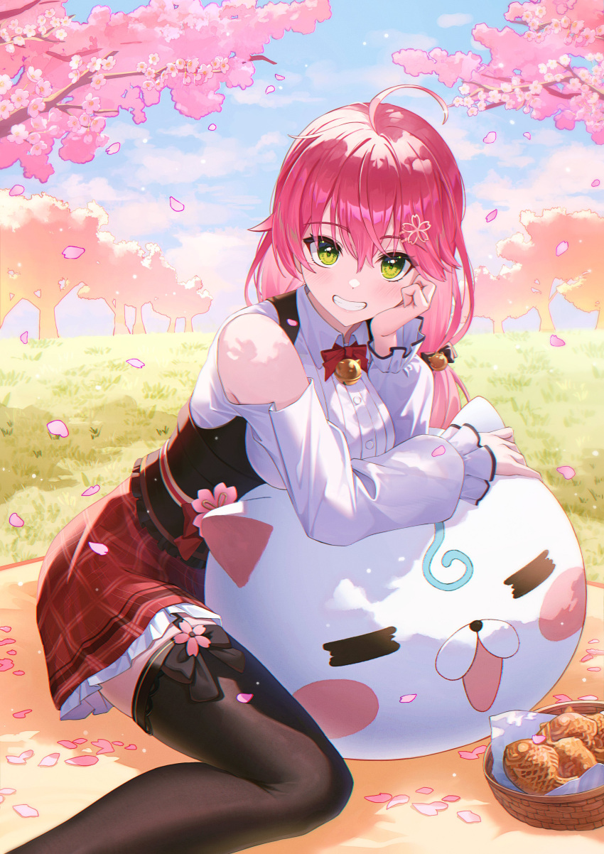 1girl 35p_(sakura_miko) absurdres ahoge bell black_thighhighs bodice bow bowtie cherry_blossoms clothing_cutout collared_shirt commentary day double-parted_bangs feet_out_of_frame flower food frilled_skirt frilled_sleeves frills garter_straps grass green_eyes grin hair_between_eyes hair_flower hair_ornament hairclip hand_on_own_chin highres hololive jingle_bell long_hair long_sleeves looking_at_viewer low_twintails miniskirt neck_bell official_alternate_costume official_alternate_hairstyle outdoors pink_hair plaid plaid_skirt red_bow red_bowtie red_skirt sakura_miko sakura_miko_(casual) shirt shoulder_cutout sitting skirt smile solo star-ring taiyaki thigh-highs twintails underbust virtual_youtuber wagashi wariza white_shirt