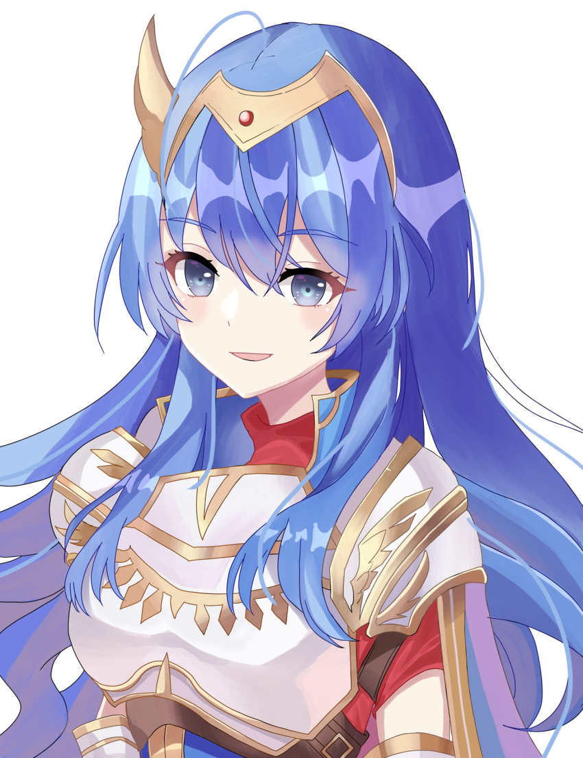 1girl :d armor blue_eyes blue_hair breastplate caeda_(fire_emblem) caeda_(marth's_faithful)_(fire_emblem) cape dress fire_emblem fire_emblem:_mystery_of_the_emblem fire_emblem_heroes hair_between_eyes highres long_hair looking_at_viewer n_54 official_alternate_costume open_mouth red_dress shoulder_armor sidelocks smile solo tiara upper_body white_background