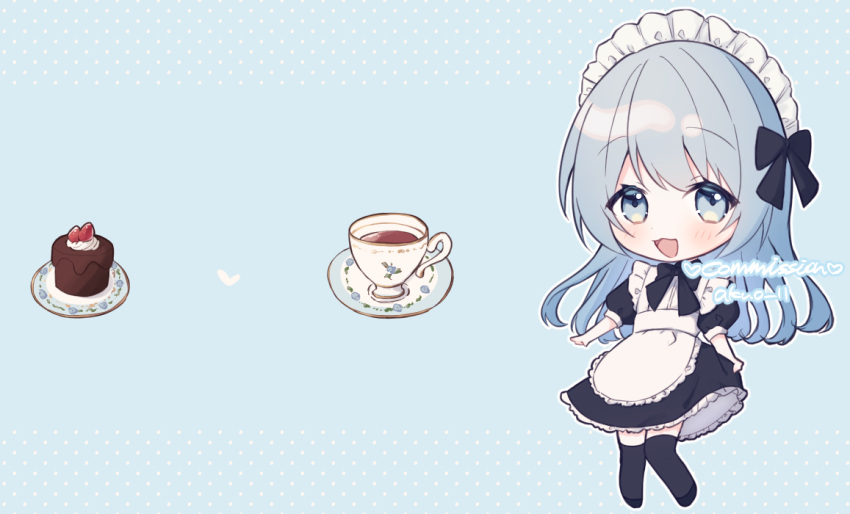 1girl :3 akuo_11 apron blue_background blue_eyes blue_hair blush bow cake commission cup dress food full_body long_hair looking_at_viewer maid maid_headdress open_mouth original plate saucer skeb_commission smile solo teacup thigh-highs
