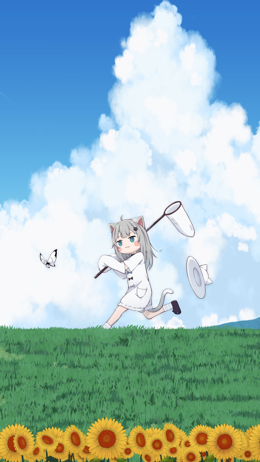 1girl :3 absurdres ahoge animal_ears animal_hat asiva_(asivainu) black_bow black_footwear blue_eyes blue_sky blush_stickers bow bug butterfly butterfly_net cat_ears cat_girl cat_hat cat_tail closed_mouth clouds cloudy_sky cumulonimbus_cloud detached_sleeves dress field flower from_side grass grey_hair hand_net hat hat_loss highres holding holding_butterfly_net indie_virtual_youtuber long_bangs long_hair long_sleeves looking_to_the_side nachoneko outdoors running shoes sidelocks sky smile socks solo sunflower tail virtual_youtuber white_dress white_sleeves white_socks