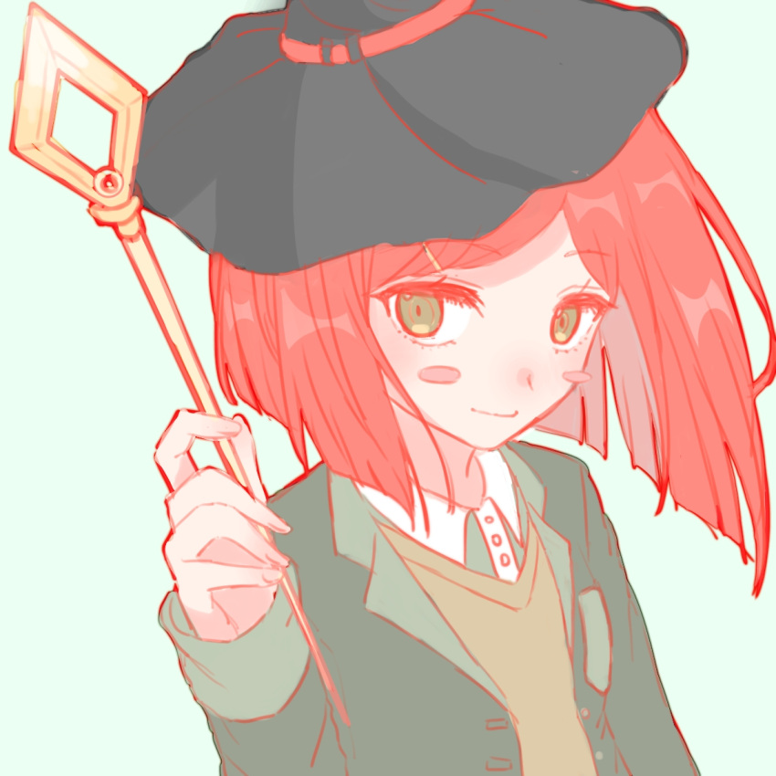 1girl blush_stickers brown_vest collared_shirt danganronpa_(series) danganronpa_v3:_killing_harmony green_hat hair_ornament hand_up hat highres holding holding_staff jacket karoru_(xiaoxian55) looking_at_viewer multicolored_hair open_clothes open_jacket redhead shirt short_hair smile staff two-tone_hair vest white_shirt witch_hat yumeno_himiko