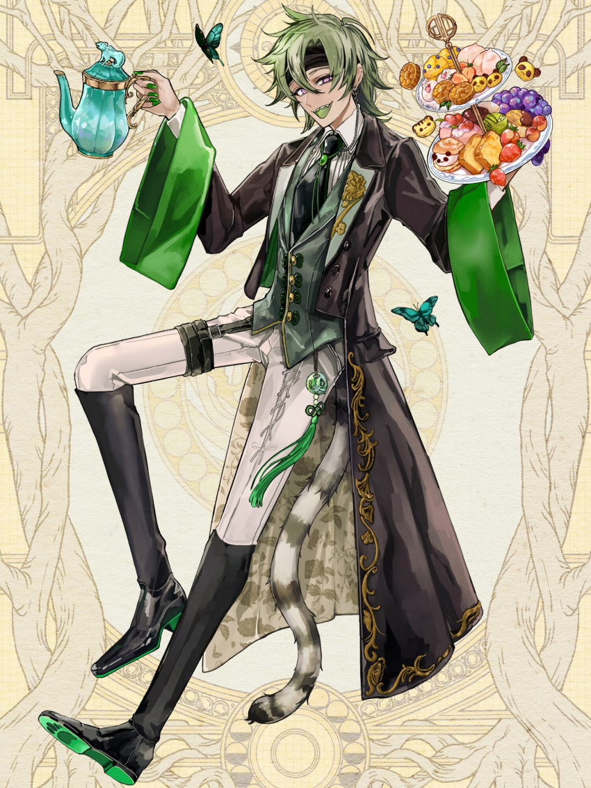 1boy :d animal-themed_food aqua_butterfly ashioka_kuraco baozi black_coat black_footwear black_headband black_necktie boots brooch bug butler butterfly cherry chocolate coat colored_shoe_soles colored_tongue cookie cream_puff cross-laced_clothes curtained_hair dairoku_ryouhei floral_print food fruit full_body grapes green_hair green_nails green_tongue green_vest hair_between_eyes hands_up headband highres holding holding_teapot holding_tiered_tray jewelry knee_boots lapels longevity_peach_bun looking_at_viewer male_focus matcha_(food) mooncake muffin nail_polish necktie notched_lapels open_clothes open_coat pants paw_print_soles pound_cake sharp_teeth short_hair smile solo standing standing_on_one_leg strawberry tail tassel teapot teeth thigh_strap tiered_tray tiger_tail two-sided_coat two-sided_fabric uneven_eyes vest violet_eyes white_pants wide_sleeves yaopei yellow_background yun_feiyi