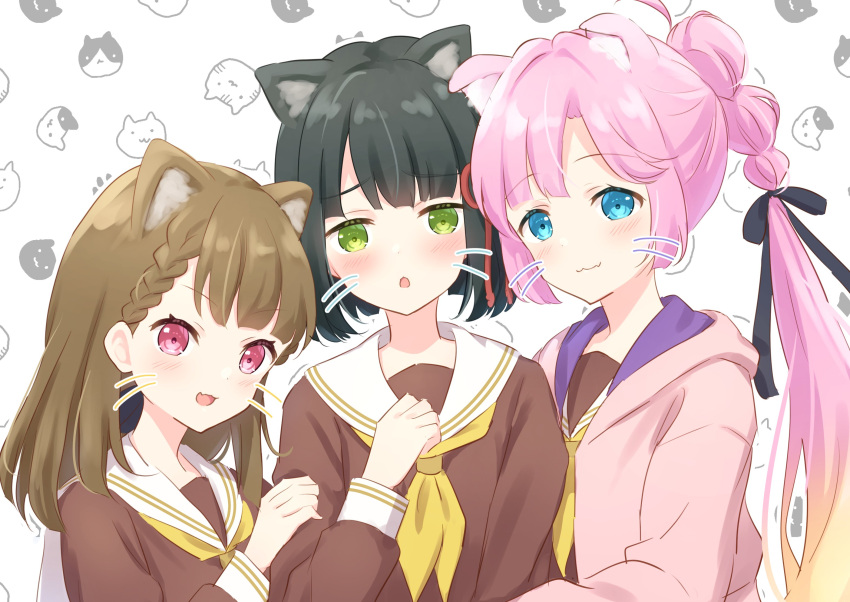 3girls :3 :o animal_ears anyoji_hime black_hair black_ribbon blue_eyes blunt_bangs blush braid brown_dress brown_hair cat_ears chestnut_mouth circle closed_mouth commentary drawn_whiskers dress fang flower_knot gradient_hair green_eyes group_hug hair_intakes hair_ribbon hand_on_another's_arm hand_on_own_chest hasu_no_sora_school_uniform highres hug jacket kachimachi_kosuzu kemonomimi_mode link!_like!_love_live! long_sleeves looking_at_viewer love_live! momose_ginko multi-tied_hair multicolored_hair multiple_girls neckerchief open_clothes open_jacket open_mouth outline parted_bangs pink_eyes pink_hair pink_jacket pleated_dress ponytail purple_jacket ribbon sailor_collar school_uniform sidelocks skin_fang smile split_mouth symbol-only_commentary virtual_youtuber white_background white_outline white_sailor_collar winter_uniform yellow_neckerchief yutuki_ame