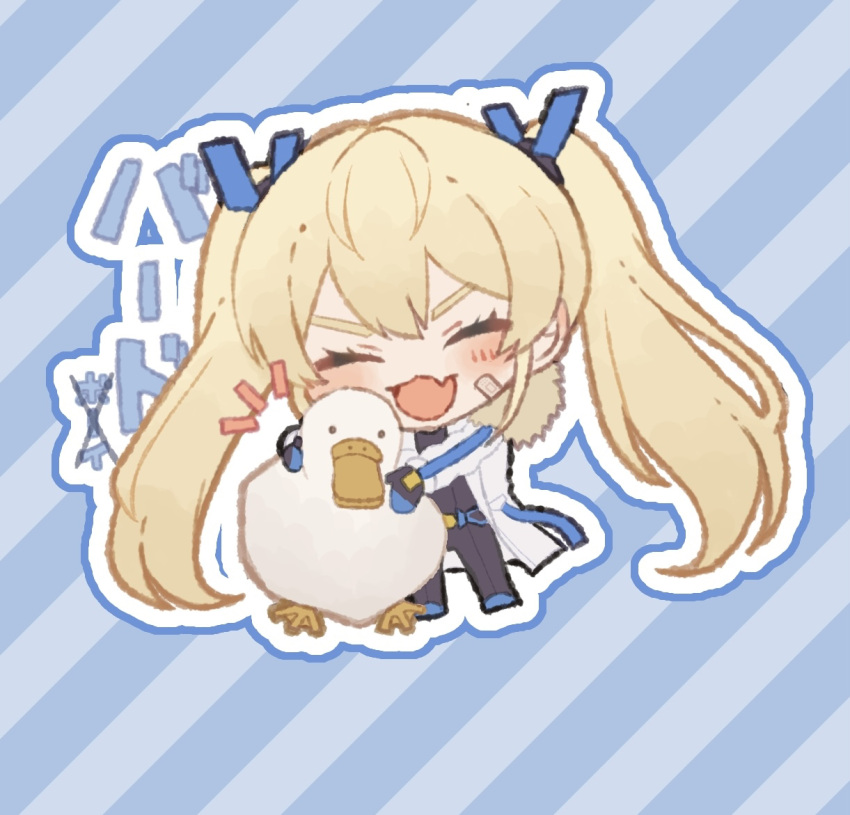 1girl ^_^ animal bandaid bandaid_on_cheek bandaid_on_face bird black_bodysuit black_gloves blonde_hair blue_background blue_gloves blush bodysuit chibi closed_eyes coat commentary_request duck fang fur_collar gloves goddess_of_victory:_nikke laplace_(nikke) long_hair notice_lines open_mouth outline shimada_(smd_dms) sidelocks skin_fang smile solo striped_background translation_request twintails two-tone_gloves white_coat white_outline