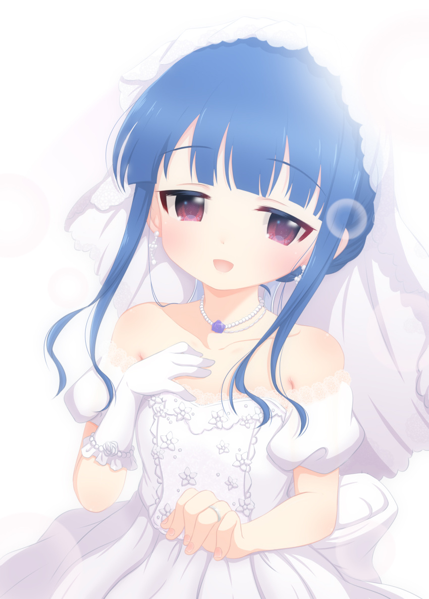 1girl back_bow bare_shoulders blue_hair blush bow child collarbone commentary_request dot_nose dress earrings flat_chest frilled_gloves frills gloves hand_on_own_chest highres hosizora_mikoto idolmaster idolmaster_cinderella_girls jewelry jitome lace-trimmed_dress lace_trim looking_at_viewer necklace open_mouth pearl_necklace puffy_short_sleeves puffy_sleeves red_eyes ring sajo_yukimi see-through_veil short_sleeves sidelocks single_glove smile solo sparkle veil wedding_dress wedding_ring white_background white_bow white_dress white_gloves