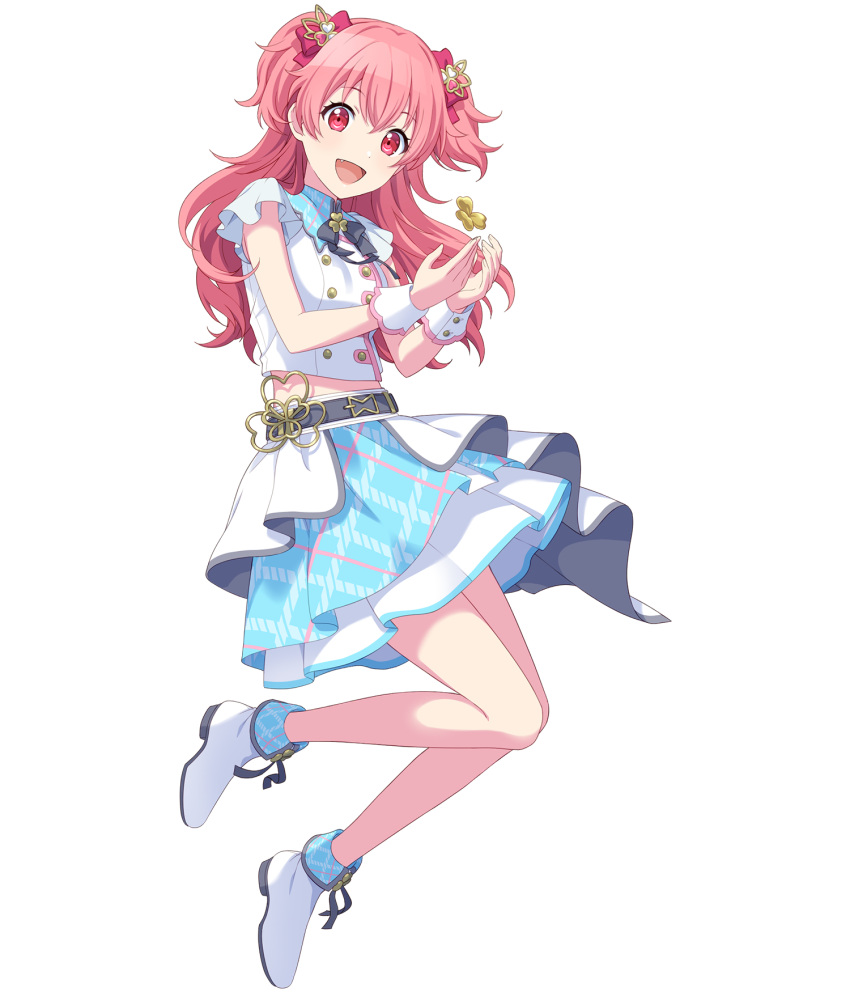 1girl :d belt blue_skirt crossed_bangs fang full_body highres layered_skirt looking_at_viewer midriff momoi_airi non-web_source official_art pink_eyes pink_hair project_sekai shirt short_sleeves skirt smile solo tachi-e two_side_up white_footwear white_shirt white_skirt wrist_cuffs