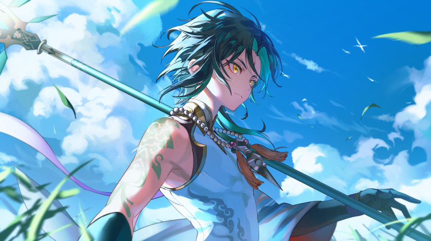 1boy absurdres aqua_hair arm_tattoo blue_gloves blue_hair blue_sky closed_mouth clouds cloudy_sky day detached_sleeves eyeshadow facial_mark forehead_mark genshin_impact gloves gold_trim grass hand_up highres holding holding_weapon jewelry koujisako long_sleeves looking_to_the_side makeup male_focus mandarin_collar multicolored_hair necklace outdoors pearl_necklace primordial_jade_winged-spear_(genshin_impact) red_eyeshadow shirt short_hair single_bare_shoulder single_detached_sleeve sky sleeveless sleeveless_shirt solo standing tassel tattoo two-tone_hair v-shaped_eyebrows weapon white_shirt wide_sleeves xiao_(genshin_impact) yellow_eyes