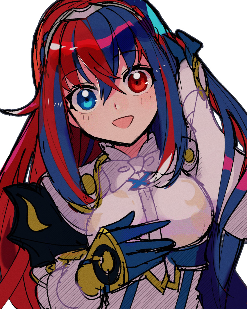 1girl :d absurdres alear_(female)_(fire_emblem) alear_(fire_emblem) blue_eyes blue_gloves blue_hair bow commentary crossed_bangs fire_emblem fire_emblem_engage gloves hair_between_eyes heterochromia highres kurimori long_hair looking_at_viewer multicolored_hair open_mouth red_eyes redhead smile solo symbol-only_commentary two-tone_hair upper_body very_long_hair white_background white_bow