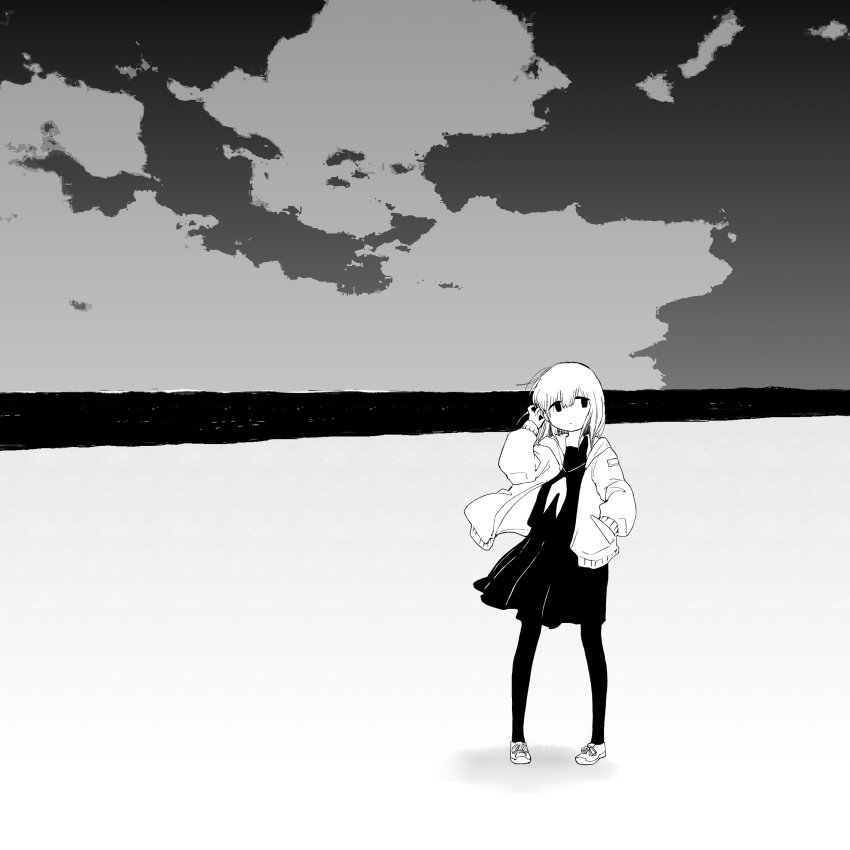 1girl absurdres beach clouds commentary_request diode_(0_division) expressionless full_body highres horizon jacket long_hair monochrome ocean open_clothes open_jacket original pantyhose school_uniform serafuku sketch skirt sky solo