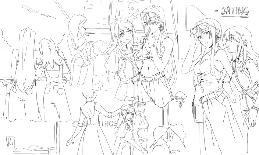 2boys 3girls absurdres aircraft airplane bag belt bubble_tea camisole child choker clouds commentary crop_top drink earrings english_commentary english_text food_truck greyscale handbag highres holding holding_drink jewelry kaleido_star layla_hamilton long_hair looking_at_another mannequin midriff monochrome multiple_boys multiple_girls naegino_sora open_mouth outdoors rekari_(rekari628) shop smile spaghetti_strap sunglasses yuri