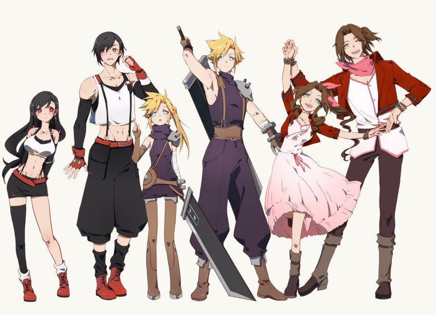 3boys 3girls :o absurdres aerith_gainsborough arm_up armor arms_behind_back arms_up bandaged_arm bandages bandana bandana_around_neck belt black_hair black_pants black_shirt black_socks black_thighhighs blonde_hair blue_eyes blush boots bracelet bracer bright_pupils brown_footwear brown_gloves brown_hair brown_pants buster_sword chinese_commentary cloud_strife commentary_request crop_top cropped_jacket dangle_earrings dress dress_ribbon dual_persona earrings elbow_gloves elbow_pads expressionless fermium.ice final_fantasy final_fantasy_vii fingerless_gloves full_body genderswap genderswap_(ftm) genderswap_(mtf) gloves green_eyes grey_background hair_ribbon hand_up happy heel_up height_difference highres holding holding_hands holding_sword holding_weapon jacket jewelry knee_boots layered_shirt leaning_to_the_side leather_belt leg_up light_smile long_dress long_hair looking_at_viewer looking_to_the_side low-tied_long_hair midriff multiple_belts multiple_boys multiple_girls navel neck_ribbon one_eye_closed open_clothes open_jacket open_mouth pants parted_bangs pauldrons pink_bandana pink_dress pink_ribbon pink_shirt pointing pointing_up ponytail puffy_pants puffy_shorts purple_sweater red_belt red_eyes red_footwear red_gloves red_jacket ribbon shirt short_hair short_sleeves shorts shoulder_armor shoulder_belt simple_background single_earring single_elbow_glove single_pauldron single_thighhigh skirt sleeveless sleeveless_sweater sleeveless_turtleneck smile socks spiky_hair standing suspender_skirt suspenders sweatdrop sweater sword sword_on_back teeth thigh-highs thigh_boots tifa_lockhart toned toned_male turtleneck turtleneck_sweater upper_teeth_only v-neck wavy_hair weapon weapon_on_back white_background white_shirt