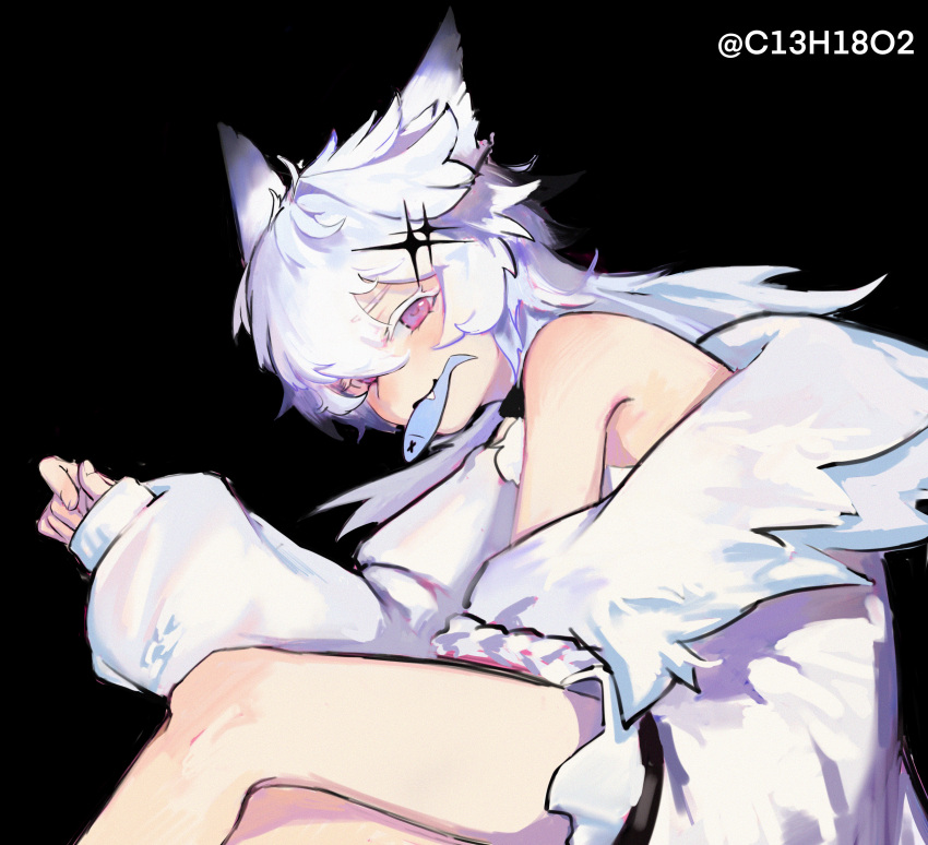 1girl absurdres alchemy_stars animal_ears black_background cat_ears cat_girl coat dress fang feet_out_of_frame fish_in_mouth flat_chest hair_between_eyes hair_ornament hair_over_one_eye highres lime_galaxy long_hair looking_at_viewer philyshy_(alchemy_stars) pink_eyes signature simple_background solo white_coat white_dress white_hair