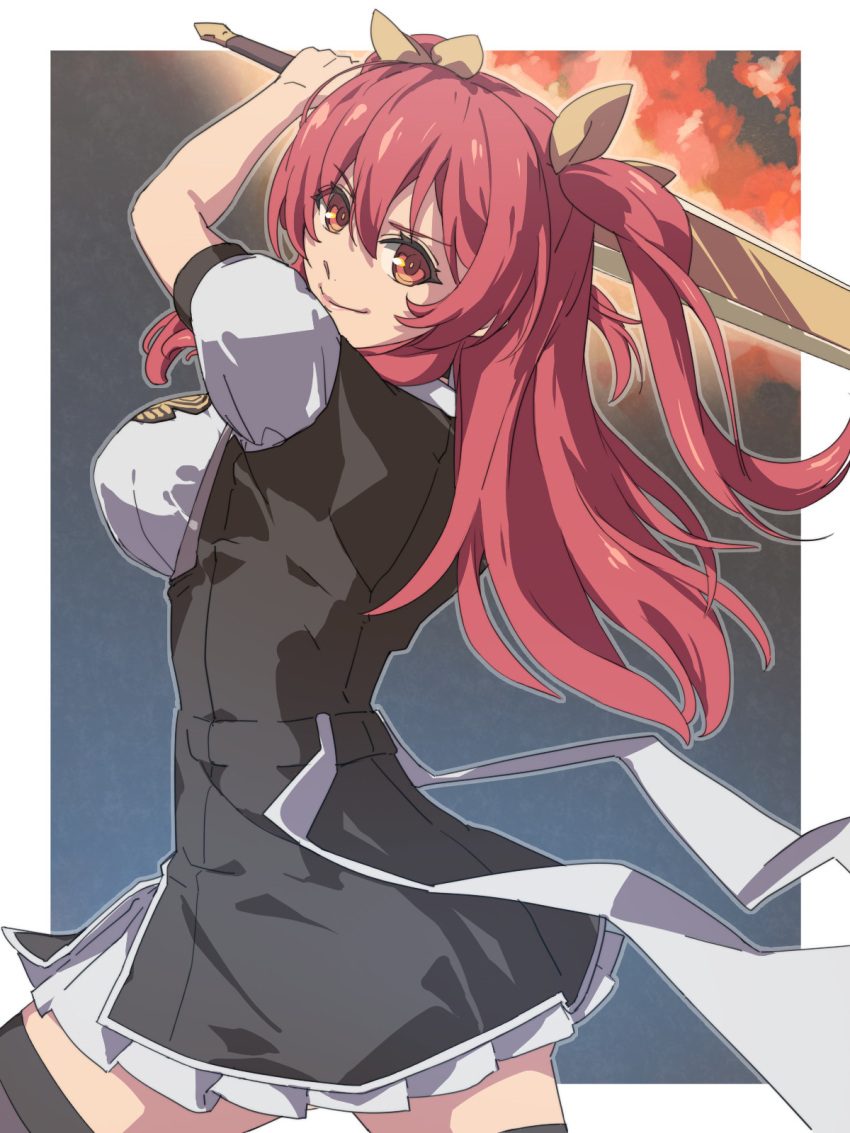 1girl black_thighhighs bow breasts chiharu_(9654784) double-parted_bangs fire floating_hair from_side hair_between_eyes hair_bow highres holding holding_sword holding_weapon huge_weapon jacket large_breasts long_hair looking_at_viewer rakudai_kishi_no_cavalry red_eyes redhead school_uniform sidelocks skirt smile solo stella_vermillion sword thigh-highs twintails uniform upper_body weapon