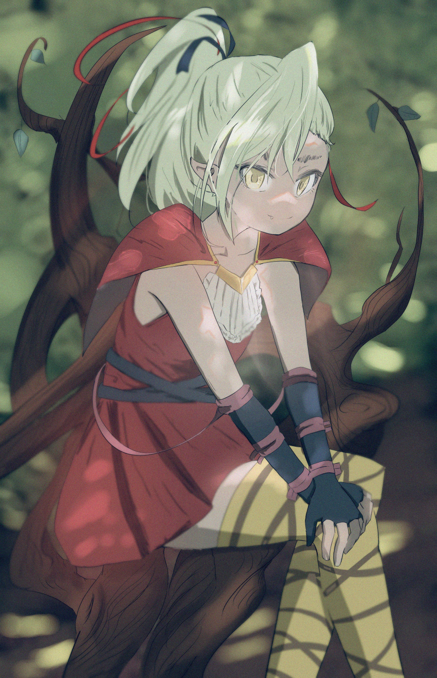 1girl absurdres deathpolca demons_roots dress flat_chest gloves green_hair hanyunzhou233 highres long_hair looking_at_viewer pointy_ears ponytail red_dress short_dress sitting smile solo striped_clothes striped_thighhighs thigh-highs tree yellow_eyes zettai_ryouiki