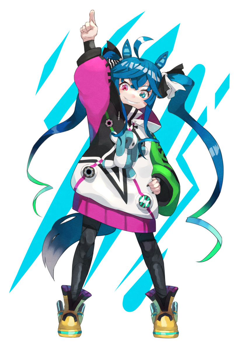 1girl @_@ ahoge animal_ears arm_up black_bodysuit blue_eyes blue_hair bodysuit bodysuit_under_clothes boots bow crossed_bangs drawstring full_body grin hair_bow hand_on_own_hip hashiro heterochromia highres hood hoodie horse_ears horse_girl horse_tail legs_apart long_hair looking_at_viewer multicolored_clothes multicolored_hoodie pink_eyes pointing pointing_up sidelocks smile solo standing striped_bow stuffed_animal stuffed_rabbit stuffed_toy tail twin_turbo_(umamusume) twintails umamusume very_long_hair white_background yellow_footwear