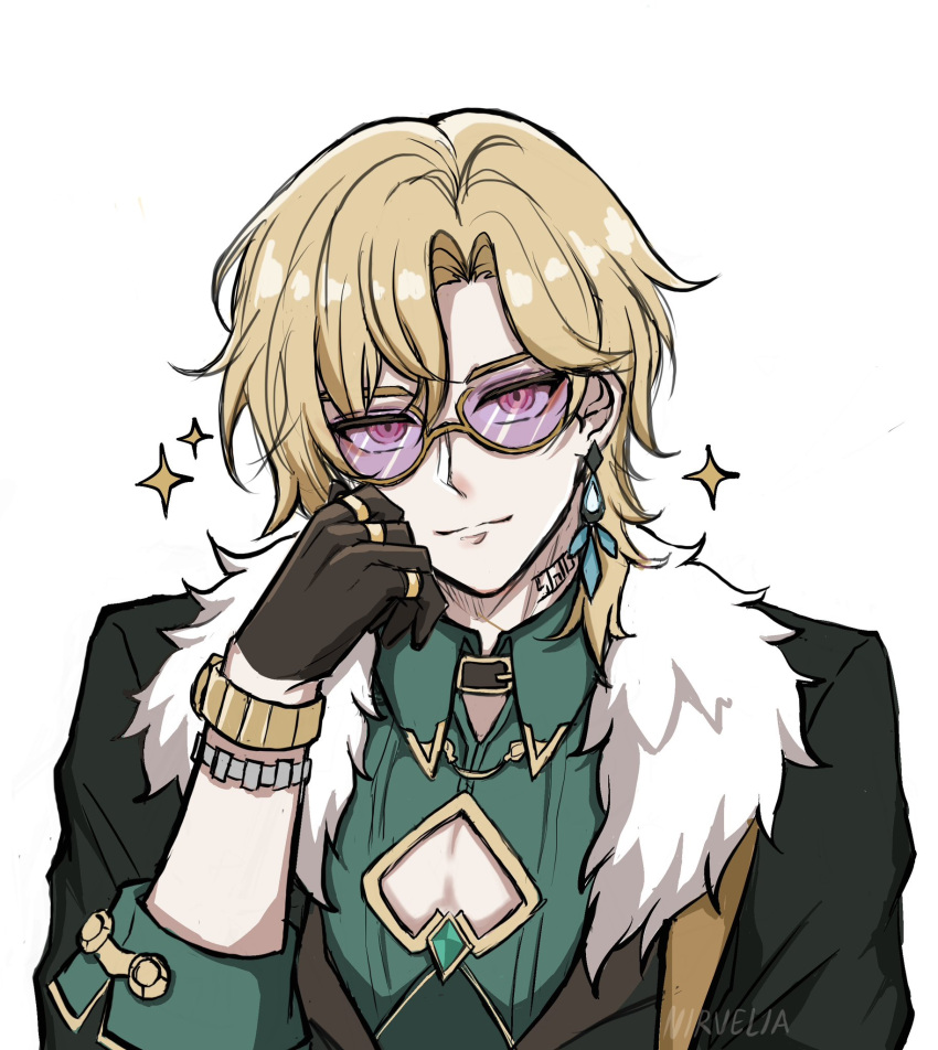 1boy artist_name aventurine_(honkai:_star_rail) black_collar black_gloves black_jacket blonde_hair bracelet cleavage_cutout closed_mouth clothing_cutout collar collared_shirt commentary earrings english_commentary fur-trimmed_jacket fur_trim glasses gloves green_shirt hair_between_eyes hand_up highres honkai:_star_rail honkai_(series) jacket jewelry long_sleeves looking_at_viewer male_focus multiple_rings neck_tattoo nirvelia open_clothes open_jacket parted_bangs purple-tinted_eyewear ring shirt short_hair simple_background single_earring sleeve_cuffs smile solo sparkle tattoo tinted_eyewear upper_body violet_eyes white_background wing_collar
