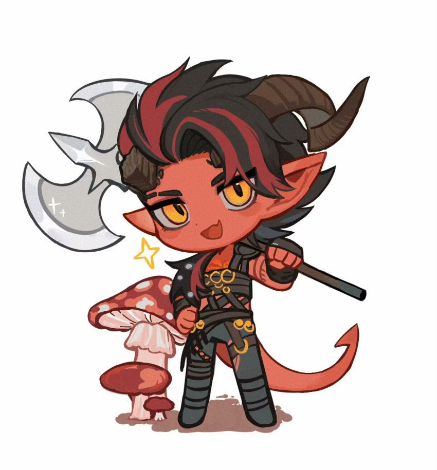 1girl :d arm_guards axe baldur's_gate baldur's_gate_3 black_hair black_pants broken_horn chest_harness chibi chibi_only chinese_commentary colored_skin commentary_request curled_horns demon_girl demon_horns demon_tail dungeons_&amp;_dragons fang hand_on_own_hip harness highres holding holding_axe horns karlach legs_apart looking_at_viewer medium_hair mengta230 multicolored_hair mushroom open_mouth over_shoulder pants red_skin redhead simple_background skin_fang smile solo sparkle standing streaked_hair swept_bangs tail tiefling two-tone_hair weapon weapon_over_shoulder white_background yellow_eyes