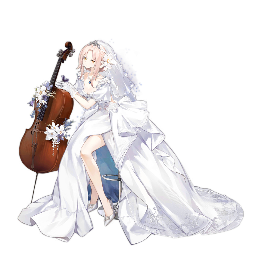 1girl aug_(blue_meditation)_(girls'_frontline) aug_(girls'_frontline) bare_legs blue_gemstone breasts bridal_veil cello dress flower flower_request full_body gem girls_frontline gloves hair_flower hair_ornament high_heels highres instrument jewelry looking_at_viewer medium_breasts medium_hair mole mole_under_eye necklace no_socks official_alternate_costume official_art parted_bangs parted_lips pearl_necklace puffy_short_sleeves puffy_sleeves ring samail short_sleeves simple_background sitting solo stool third-party_source tiara transparent_background two-sided_dress two-sided_fabric veil wedding_dress white_dress white_flower white_footwear white_gloves white_hair yellow_eyes