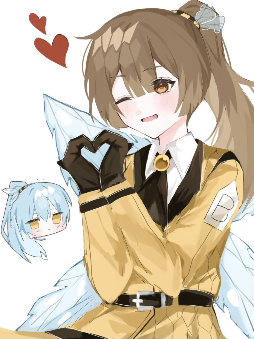 2girls angela_(project_moon) belt black_belt black_gloves brown_eyes brown_hair coat gloves hands_up heart heart_hands high_ponytail highres insect_wings library_of_ruina long_hair long_sleeves malkuth_(project_moon) mimingaminchi multiple_girls open_mouth project_moon smile wings yellow_coat