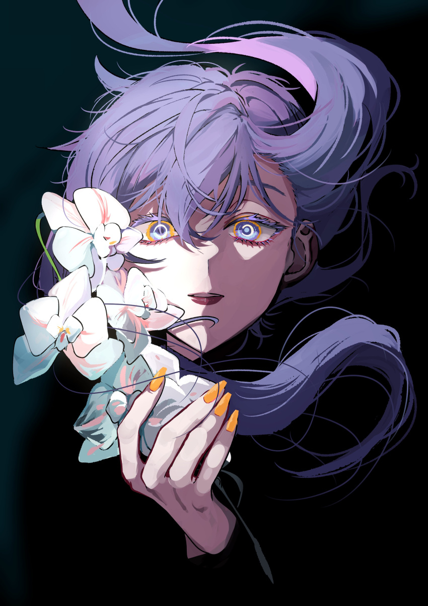 1girl absurdres alternate_eye_color bad_id bad_twitter_id black_background colored_eyelashes floating_hair flower hair_floating_upwards hand_up highres holding holding_flower inactive_account light_smile long_hair looking_at_viewer multicolored_eyes onion_jounouchi orange_eyes orange_nails parted_lips purple_hair red_lips short_hair_with_long_locks sidelocks simple_background solo upper_body violet_eyes vocaloid voiceroid white_flower yuzuki_yukari