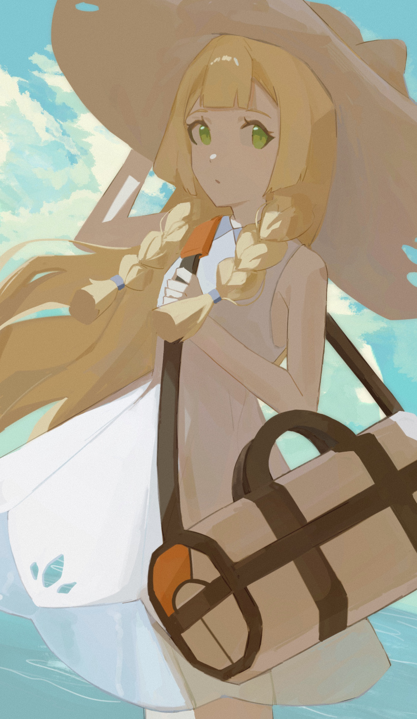 1girl absurdres bag blonde_hair braid closed_mouth clouds commentary_request day dress duffel_bag green_eyes hat highres holding_strap ka_doku lillie_(pokemon) long_hair looking_at_viewer outdoors pokemon pokemon_sm sky sleeveless sleeveless_dress solo sun_hat twin_braids white_dress