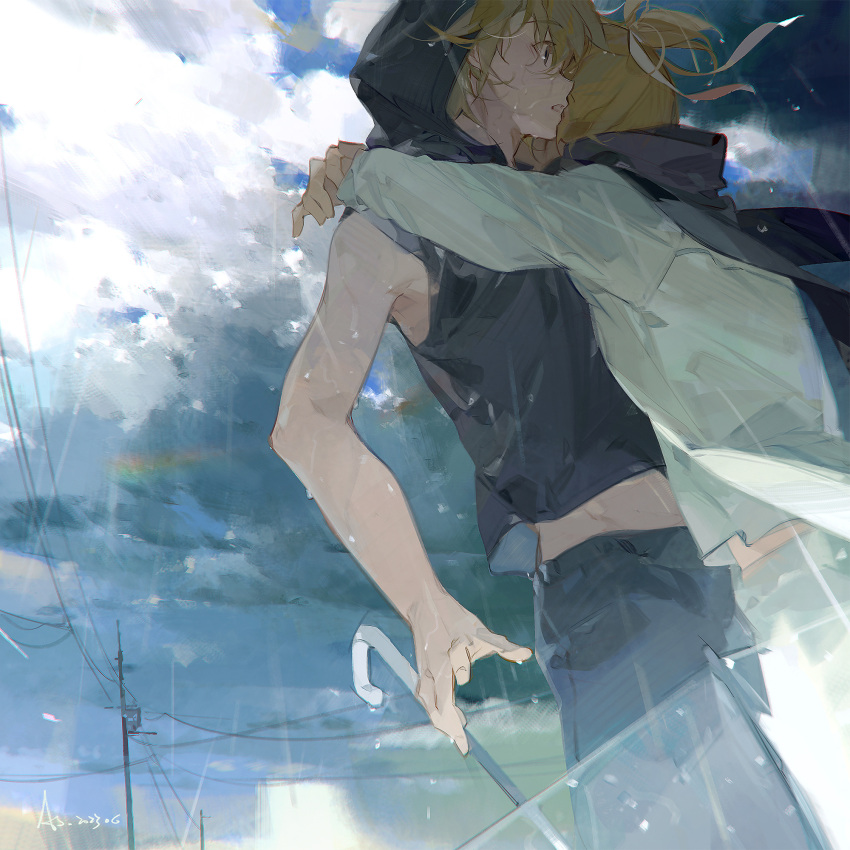 2boys a-shacho ame_wo_tsureyuku_(vocaloid) bare_shoulders black_hoodie black_pants blonde_hair bracelet chinese_commentary clouds cloudy_sky commentary_request cowboy_shot day dual_persona dutch_angle grey_scarf hair_ribbon highres hood hood_up hoodie hug jewelry kagamine_len light_rays long_sleeves looking_ahead male_focus midriff_peek multiple_boys open_mouth outdoors pants ponytail power_lines rain ribbon scarf shirt sky sleeveless surprised transparent transparent_umbrella umbrella utility_pole vocaloid wet white_pants white_shirt