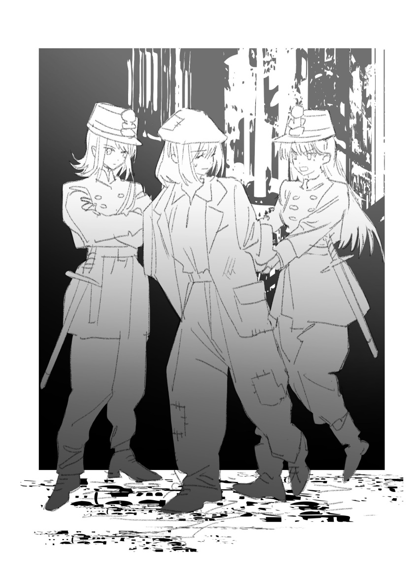 3girls bang_dream! bang_dream!_it's_mygo!!!!! boots closed_eyes closed_mouth coat collared_shirt commentary crossed_arms english_commentary greyscale hat highres jacket long_hair looking_at_another medium_hair misumi_uika monochrome multiple_girls open_mouth outdoors pants patchwork_clothes police police_uniform policewoman rain_(onepearblow) shiina_taki shirt standing sweatdrop sword uniform weapon yahata_umiri