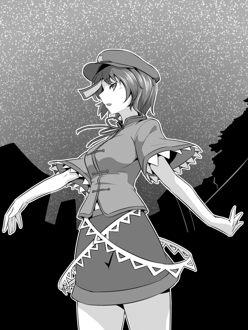 1girl breasts cabbie_hat chinese_clothes commentary_request full_body greyscale hat hat_ornament highres kakone looking_at_viewer miyako_yoshika monochrome ofuda outdoors short_hair short_sleeves skirt sky solo star_(sky) star_(symbol) star_hat_ornament starry_sky tangzhuang touhou