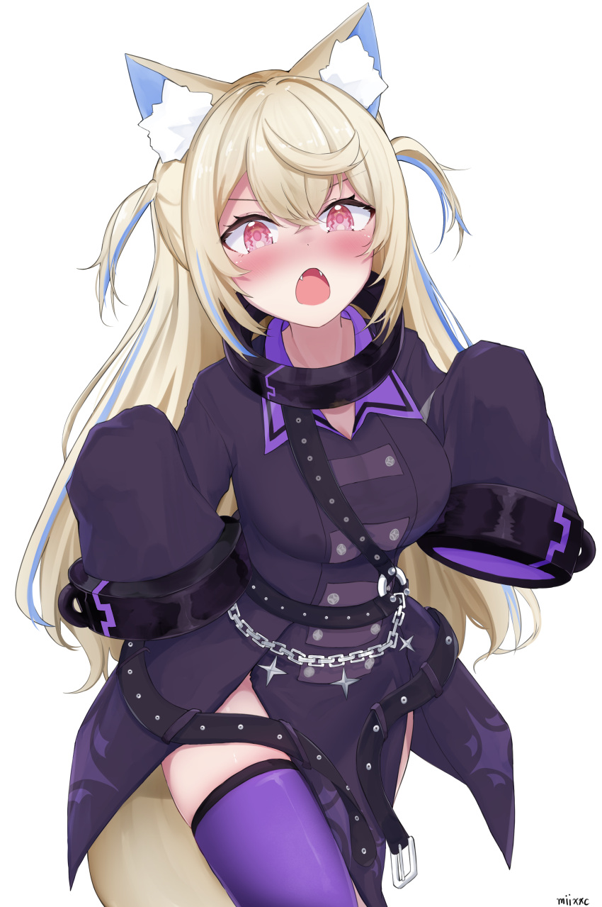 1girl absurdres animal_ear_fluff animal_ears black_coat black_dress blonde_hair blue_eyes blush breasts chain coat coat_dress collarbone cosplay cowboy_shot crossed_bangs dog_ears dog_girl dog_tail dress english_commentary fangs fuwawa_abyssgard highres hololive hololive_english la+_darknesss la+_darknesss_(1st_costume) la+_darknesss_(cosplay) large_breasts long_hair long_sleeves looking_at_viewer miixxc multicolored_hair multiple_girls neckerchief open_mouth parted_bangs pink_eyes purple_thighhighs simple_background sleeves_past_fingers sleeves_past_wrists solo solo_focus streaked_hair tail thigh-highs tongue two-tone_hair two_side_up virtual_youtuber white_background yellow_neckerchief