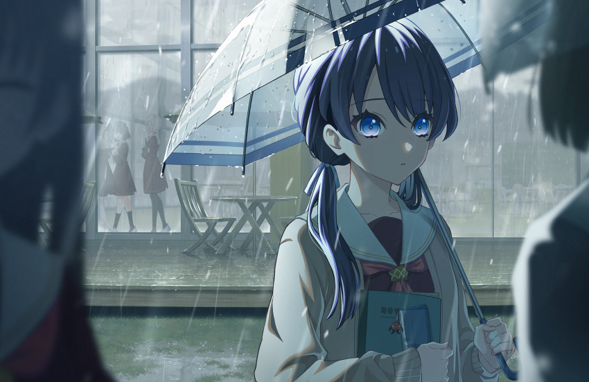 6+girls black_choker black_hair blue_eyes blue_hair blurry blurry_foreground brown_dress choker collarbone crossed_arms dark_blue_hair dress game_cg grey_hair hasu_no_sora_school_uniform highres holding holding_notebook holding_umbrella link!_like!_love_live! long_hair long_sleeves love_live! low_twintails mole mole_on_neck multiple_girls murano_sayaka neckerchief notebook official_art parted_lips pencil_case pleated_dress rain red_neckerchief sailor_collar sailor_dress school_uniform solo_focus third-party_source twintails umbrella white_sailor_collar winter_uniform yugiri_tsuzuri