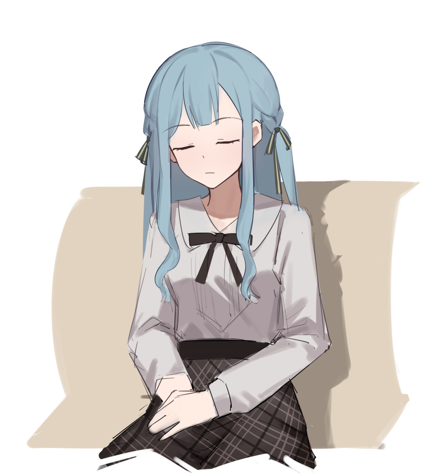 1girl absurdres bang_dream! bang_dream!_it's_mygo!!!!! black_ribbon black_skirt blue_hair closed_mouth commentary green_ribbon hair_ribbon hands_on_lap hashtag-only_commentary highres long_hair long_sleeves lu_guan plaid plaid_skirt ribbon shirt simple_background sitting skirt solo togawa_sakiko two_side_up white_background white_shirt