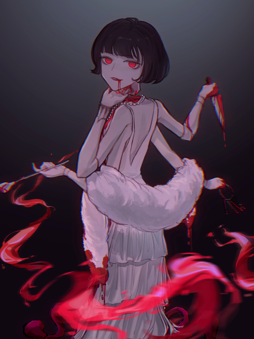 backless_dress backless_outfit blood cultist_simulator disembodied_head dress extra_arms feather_boa highres hilda_dewitt jewelry knife mother_of_ants necklace pearl_necklace red_eyes short_hair sleeveless sleeveless_dress smoking_pipe white_dress