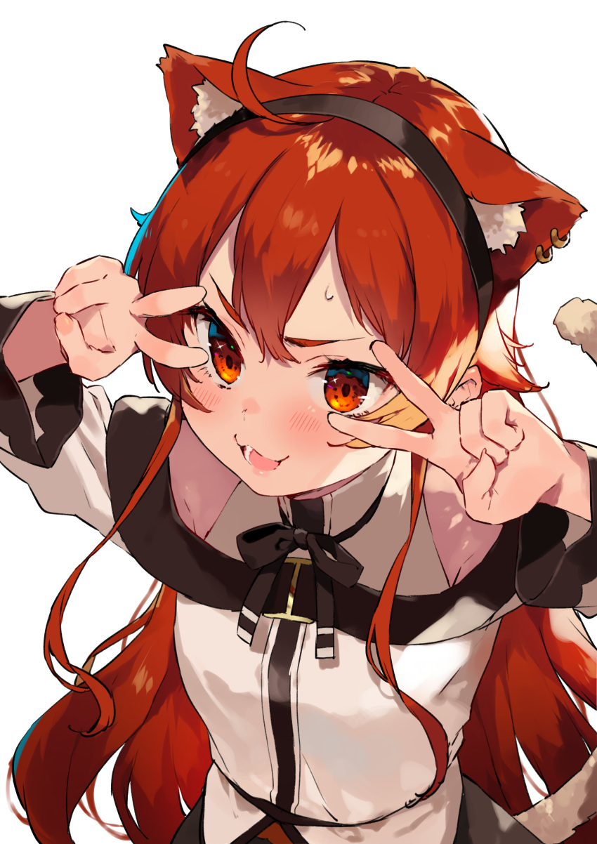 1girl :3 absurdres ahoge animal_ear_fluff animal_ear_piercing animal_ears black_hairband blush cat_ears cat_tail double-parted_bangs double_v eris_greyrat hairband hands_up highres long_hair long_sleeves looking_at_viewer lower_teeth_only mokkori mushoku_tensei off-shoulder_shirt off_shoulder red_eyes redhead shirt simple_background small_sweatdrop solo tail teeth upper_body v v_over_eye very_long_hair white_background white_shirt
