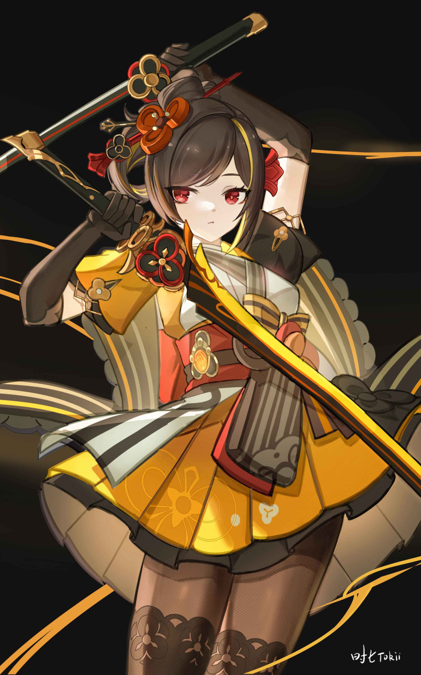 1girl absurdres arm_up artist_name black_gloves black_hair black_pantyhose chiori_(genshin_impact) closed_mouth commentary_request cropped dual_wielding elbow_gloves gaiters genshin_impact gloves grey_kimono hair_ornament hair_stick hand_up highres holding holding_sword holding_weapon japanese_clothes kimono looking_at_viewer multicolored_hair orange_hair pantyhose parted_bangs red_eyes red_sash sash shiqi_tokii short_kimono side_ponytail solo streaked_hair sword thigh-highs thighhigh_gaiters thighhighs_over_pantyhose weapon yellow_kimono