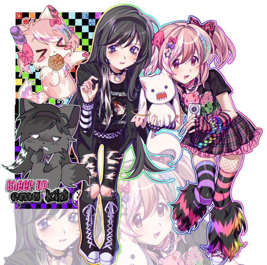 2000s_(style) 2girls absurdres akemi_homura animal_print black_choker black_footwear black_hair black_hairband black_pantyhose black_shirt boots bow choker colored_tips domo-kun fingerless_gloves fishnet_pantyhose fishnets food gloomy_bear gloves hair_bow hairband highres kuro_miumu kyubey layered_sleeves leaning_forward leopard_print long_hair long_sleeves looking_at_viewer mahou_shoujo_madoka_magica mahou_shoujo_madoka_magica_(anime) multicolored_hair multiple_girls my_chemical_romance open_mouth pantyhose pink_eyes pink_gloves pink_hair pink_skirt plaid plaid_skirt print_hair rainbow ripped_jeans shirt short_over_long_sleeves short_sleeves simple_background skirt smile spiked_choker spikes striped_clothes striped_gloves striped_hair striped_thighhighs thigh-highs twintails very_long_hair violet_eyes waffle white_background