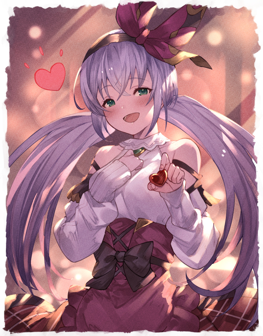 ayacho black_bow blurry blurry_background blush border bow bow_hairband candy chocolate commission food green_eyes grey_hair hair_ribbon hairband hand_on_own_chest heart heart-shaped_chocolate highres holding holding_chocolate holding_food long_hair looking_at_viewer mahou_tsukai_to_kuroneko_no_wiz open_mouth pino_mariannu_(mahou_tsukai_to_kuroneko_no_wiz) ribbon skeb_commission twintails white_border