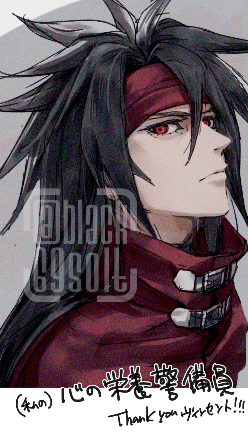 1boy absurdres belt_buckle black69solt black_hair buckle cape cloak closed_mouth commentary final_fantasy final_fantasy_vii final_fantasy_vii_rebirth final_fantasy_vii_remake from_side hair_between_eyes headband highres long_hair looking_at_viewer male_focus portrait red_cape red_cloak red_eyes red_headband solo spiky_hair upper_body vincent_valentine watermark