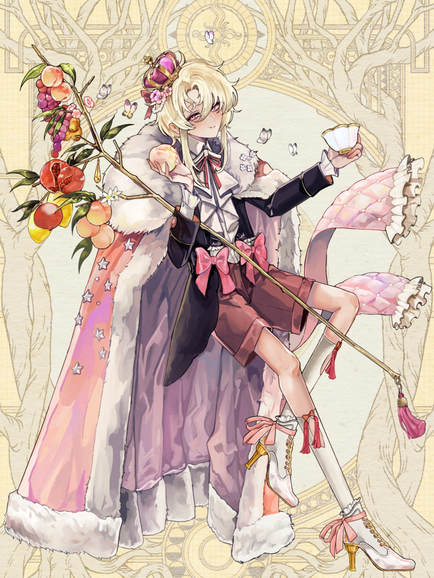 1boy :t ankle_boots ankle_ribbon ascot ashioka_kuraco black_jacket blonde_hair boots bow brown_shorts bug butterfly cape collared_shirt cross-laced_footwear crown cup curtained_hair dairoku_ryouhei eating flower food food_bite fruit full_body fur-trimmed_cape fur_trim grapes hair_between_eyes hair_flower hair_ornament high_heel_boots high_heels highres holding holding_cup holding_food holding_fruit holding_staff invisible_chair jacket ki_eren lace-up_boots leaf leg_ribbon looking_at_viewer male_focus mango mini_crown neck_ribbon neck_tassel peach pink_bow pink_cape pink_flower pink_ribbon pomegranate red_eyes red_ribbon ribbon shirt short_hair_with_long_locks shorts sitting solo staff star_(symbol) tassel teacup tilted_headwear waist_bow white_ascot white_butterfly white_flower white_footwear white_shirt yellow_background