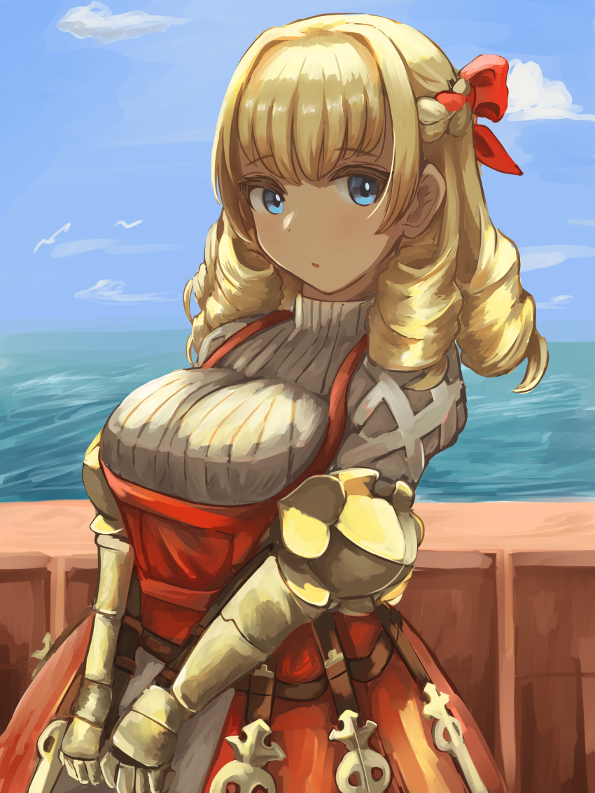 1girl :o absurdres black_gloves blonde_hair blue_eyes blue_sky bow braid breasts clouds curly_hair day dress drill_hair elbow_gloves french_braid gauntlets gloves hair_bow hair_intakes hair_ribbon highres higure_yuu juliet_sleeves large_breasts long_hair long_sleeves ocean open_mouth outdoors pinafore_dress puffy_sleeves red_dress red_ribbon ribbed_sweater ribbon scarlett_(unicorn_overlord) sky sleeveless sleeveless_dress solo sweater turtleneck turtleneck_sweater unicorn_overlord v_arms water white_sweater