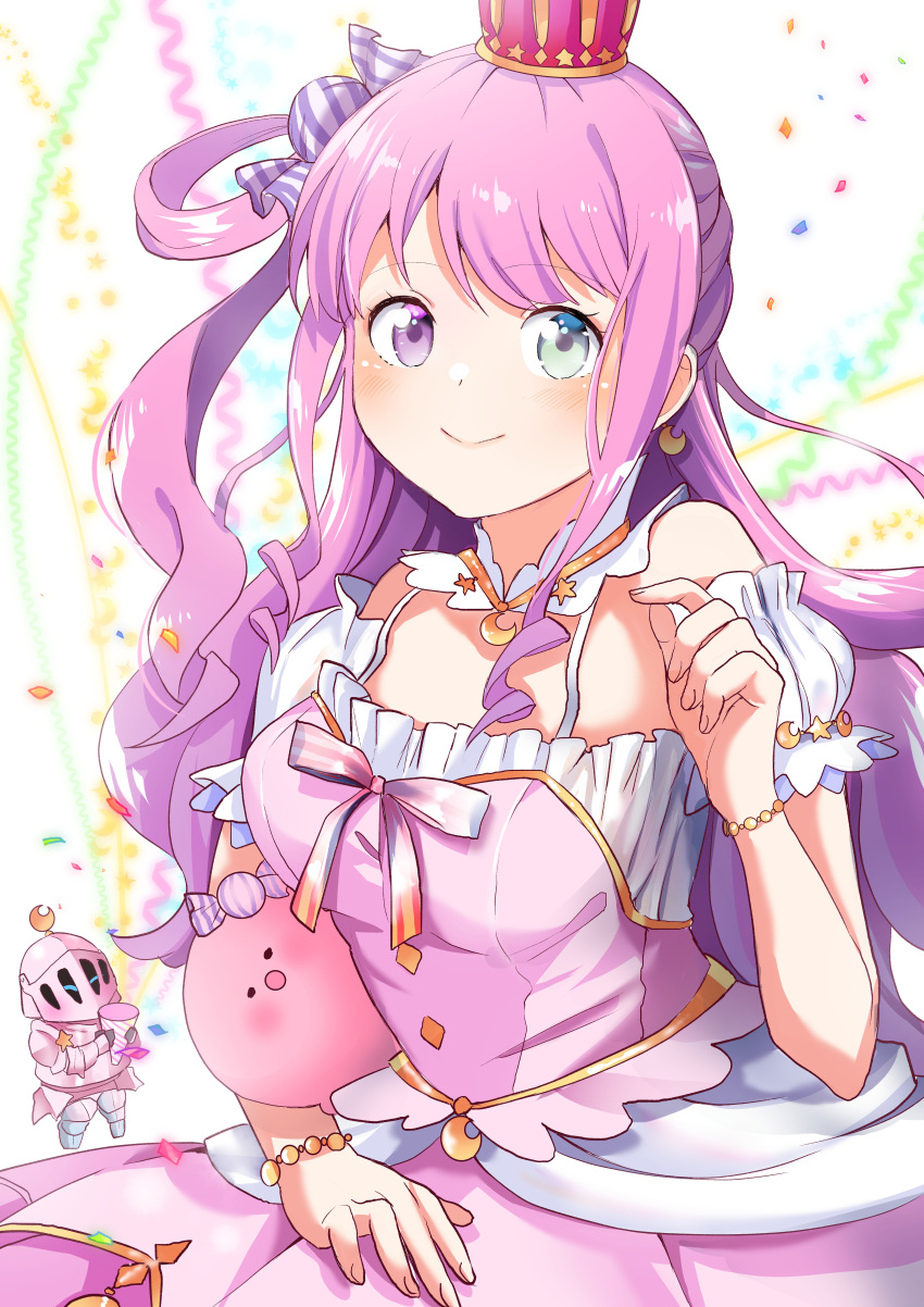1girl absurdres candy_hair_ornament collar crescent crescent_earrings crown detached_collar dress earrings food-themed_hair_ornament green_eyes hair_ornament heterochromia highres himemori_luna himemori_luna_(1st_costume) hololive jewelry long_hair looking_at_viewer luknight_(himemori_luna) mini_crown pink_dress pink_hair rabusenn single_earring sleeveless sleeveless_dress smile solo violet_eyes virtual_youtuber white_collar