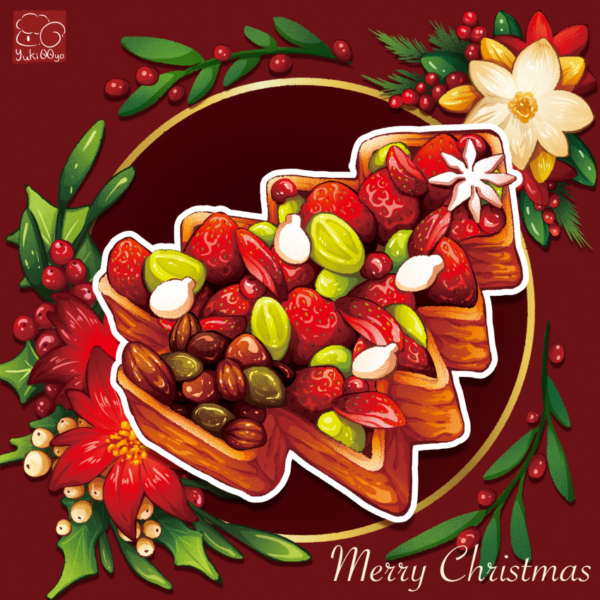 artist_logo christmas flower food food_focus fruit fruitcake highres merry_christmas no_humans original strawberry yuki00yo