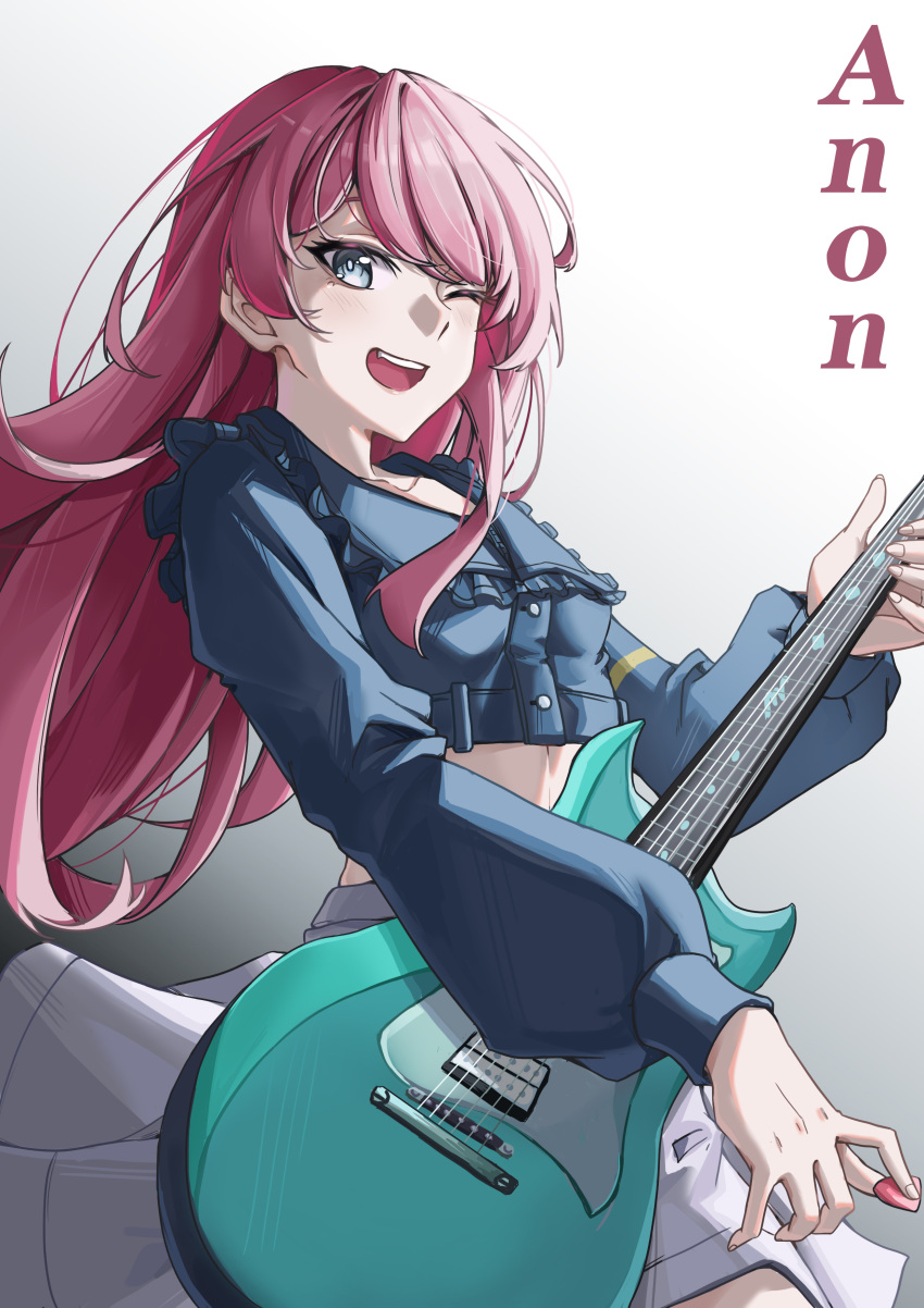 1girl absurdres bang_dream! bang_dream!_it's_mygo!!!!! blue_eyes blue_shirt character_name chihaya_anon chinese_commentary commentary_request crop_top electric_guitar gibson_sg gradient_background grey_background guitar highres holding holding_plectrum instrument long_hair long_sleeves one_eye_closed open_mouth pink_hair playing_guitar plectrum shirt skirt smile solo white_background white_skirt yuko_(user_uuju2584)