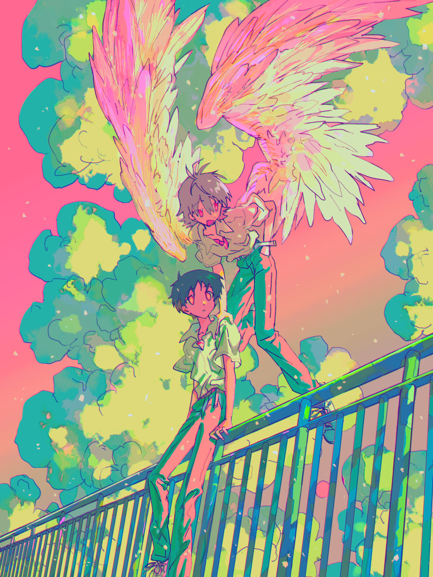 2boys absurdres angel_wings belt black_hair brown_belt brown_pants clouds collared_shirt colorful denim feathered_wings fishcoooo flying foot_out_of_frame full_body gradient_sky grey_hair hair_between_eyes hand_on_another's_shoulder hand_on_own_hip hand_on_railing highres ikari_shinji jeans light_particles looking_at_viewer male_focus multiple_boys nagisa_kaworu neon_genesis_evangelion open_mouth pants parted_lips pink_sky pocket red_eyes red_tank_top shirt shoes short_hair short_sleeves sky smile sneakers standing sunset tank_top white_belt white_footwear white_shirt white_sleeves white_wings wings yellow_eyes